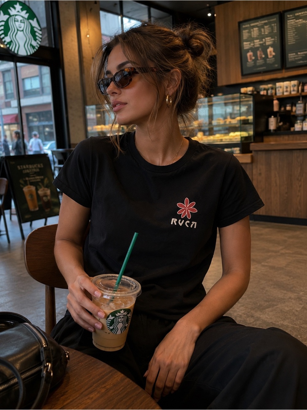 RVCA Black Tee with Pink Floral Chest Graphic